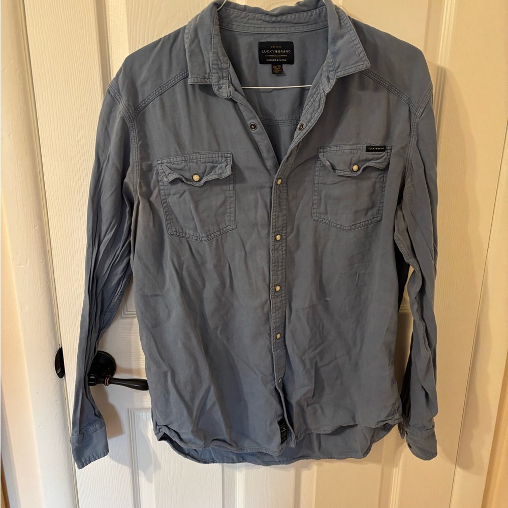 Mens XL Lucky Brand Blue Gray Button Down Snap Shirt